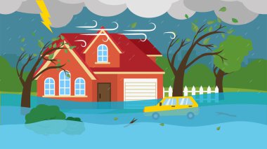 Fırtına ve su basmış ev araba dolu.