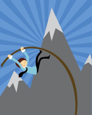 Karlı bir dağın arka planında sırıkla atlayan adam.