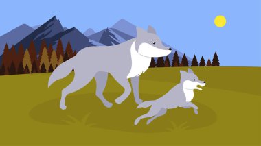 Kurt ve yavru açıklıkta koşuyorlar, çizimler...