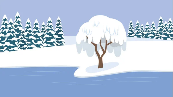 Árvore Coberta Neve Margem Rio Inverno — Vetor de Stock