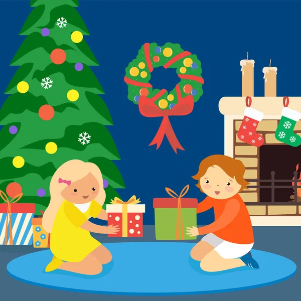 Les Enfants Déballer Des Cadeaux Maison Près Sapin Noël — Image vectorielle