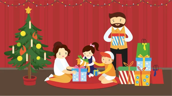 Cadeaux Ouverture Famille Sous Sapin Noël — Image vectorielle