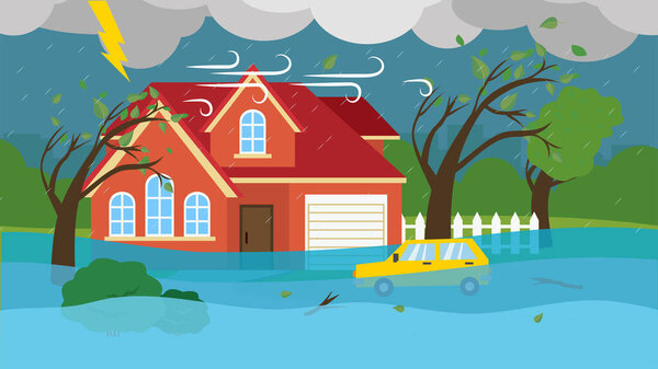 Storm and flooded house with car