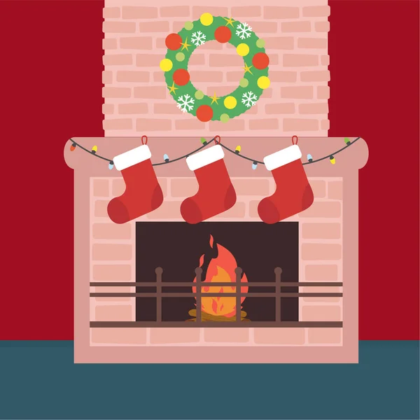 Fireplace Christmas Wreath Three Socks — Image vectorielle