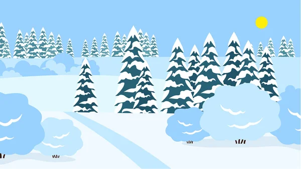 Ilustração Vetorial Uma Bela Paisagem Florestal Com Árvores Neve — Vetor de Stock
