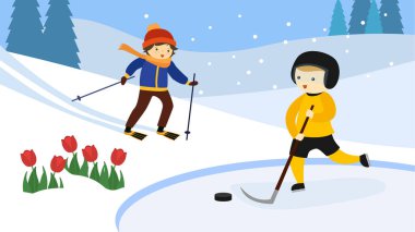 Bir kışın genç insanların vektör illüstrasyonu  