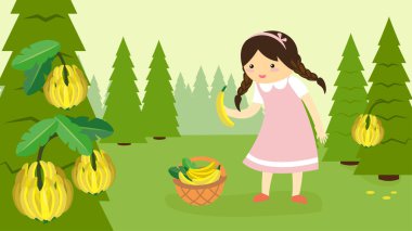 Sepet dolusu sebze ve meyve vektörü çizimi olan bir kız.