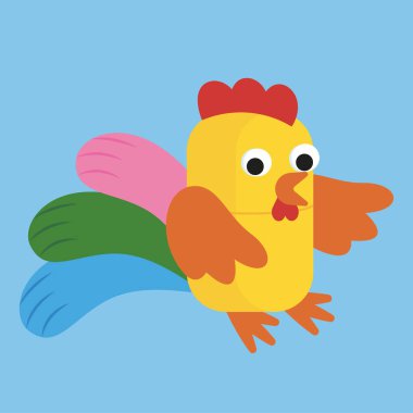 Şirin tavuk, mavi arka planda vektör çizimi.