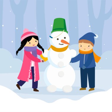 happy couple in winter clothes with snowman and hat