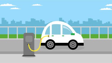 Yeşil enerji ve elektrik hatları vektör illüstrasyonuna sahip elektrikli araba şarj istasyonu