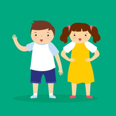 Çocuk tasarımı çizimi olan şirin bir kız ve oğlan çocuğu.