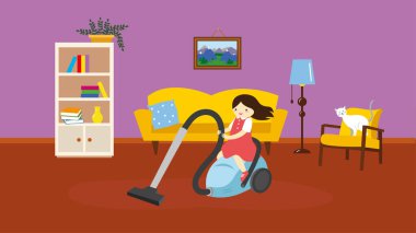 Kadın temizlik odası ve elektrikli süpürge vektör çizimi