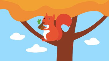 Orman vektör çiziminde yaprakları olan sevimli bir sincap.