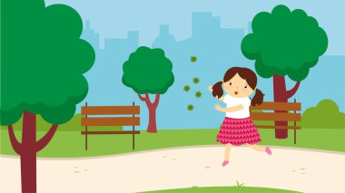 Sırt çantalı ve akıllı telefonlu genç kadın park vektör çiziminde