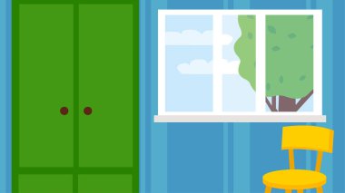 Dolap, pencerenin yanındaki sandalye, resim.