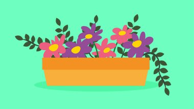 Parlak arka planda yeşil yaprakları olan saksıdaki güzel çiçekler, vektör illüstrasyonu