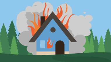 Ormanın yakınında yanan ev.