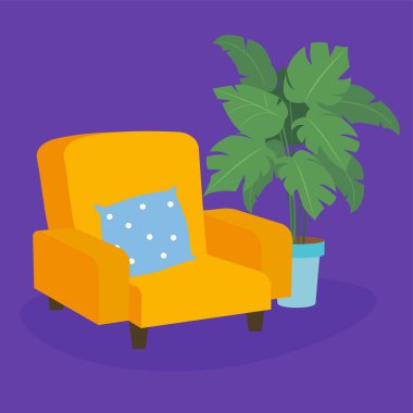 Yastıklı kanepe ve bitki vektörü çizimi