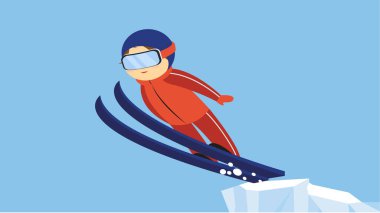 Kış ormanında kayak yapan bir kayakçı. vektör illüstrasyonu