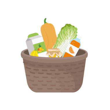 Sebze ve meyve vektör çizimi içeren market sepeti
