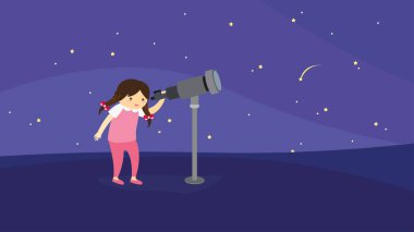 Uzay vektör çiziminde teleskopu ve ayı olan kız