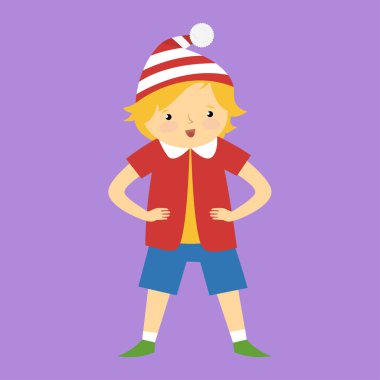 Şapkası ve eşarp vektör çizimi olan şirin bir çocuk.