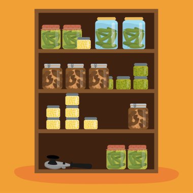 Yiyecek ve sebze vektör illüstrasyonlu market rafları