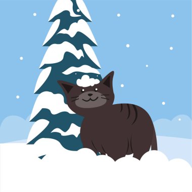 Kış ormanındaki sevimli kedinin vektör çizimi