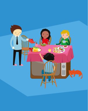 Restoran vektör ilüstrasyonunda aile yemeği.