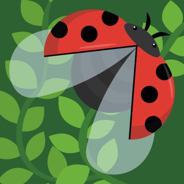 Yeşil yapraklı sevimli uğur böceğinin çizimi