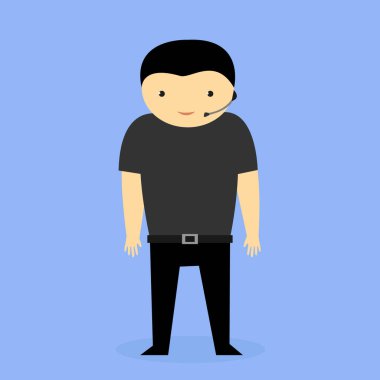 Kulaklık ve mikrofon takan tişörtlü bir güvenlik görevlisi.