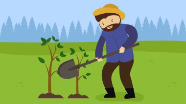 Bahçe vektör illüstrasyonunda kürekli bir adam.