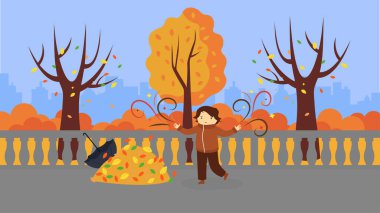 Ağaçlı sonbahar manzarası ve rüzgarlı hava vektörü illüstrasyon tasarımı yapan kişi