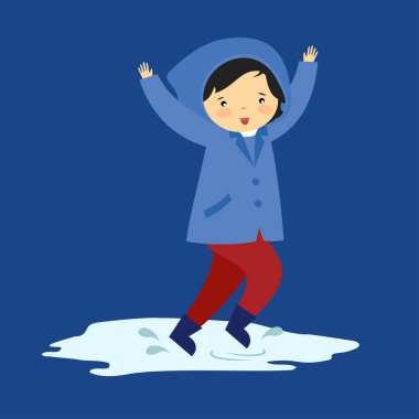 Su birikintilerinde zıplayan lastik çizmeli çocuk.