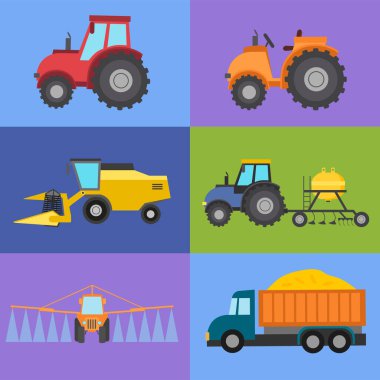 Tarım makinelerinin türleri. Büyük traktör, küçük traktör, hasat aracı, sürme ve ekme için römorklu traktör, sulama traktörü ve tahıl taşıyıcısı.