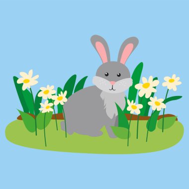 çiçekler vektör çizim tasarım ile sevimli tavşan