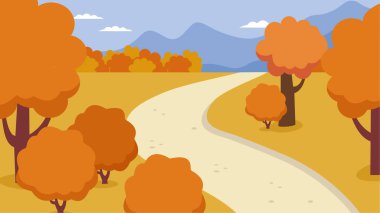 Sonbahar manzarası, dağlara giden yol sarı çimenler ve ağaçların arasında.