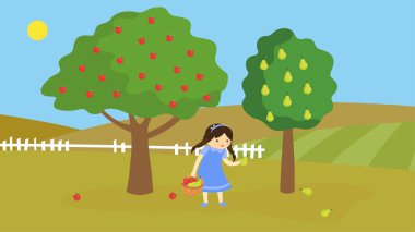 Elinde elma sepeti olan bir kızın vektör çizimi