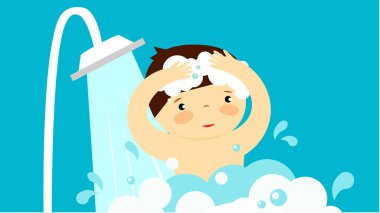 Duş vektörü çizimi kullanan sevimli çizgi film çocuğu. 