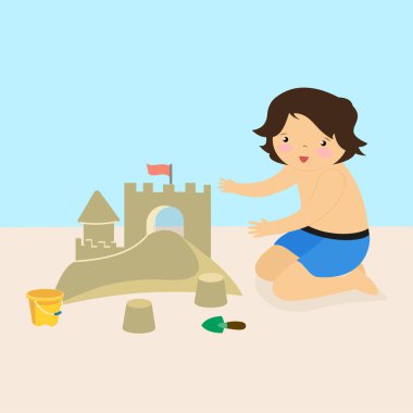 Küçük çocuk plaj vektör çiziminde oynuyor.
