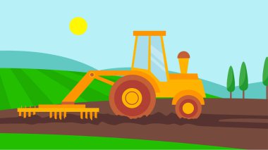 Tarlada bir traktör. vektör illüstrasyonu.
