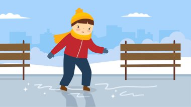 Kışın küçük üzgün çocuk, vektör çizimi basit tasarım