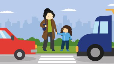 Anne ve kız yaya geçidinde, vektör çizimi basit tasarım