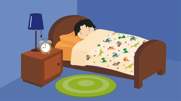 Child Sleeps Bed Blanket Next Alarm Clock — Image vectorielle