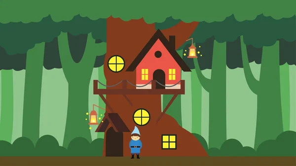 Fairytale Gnome Stands House Tree Forest — Image vectorielle