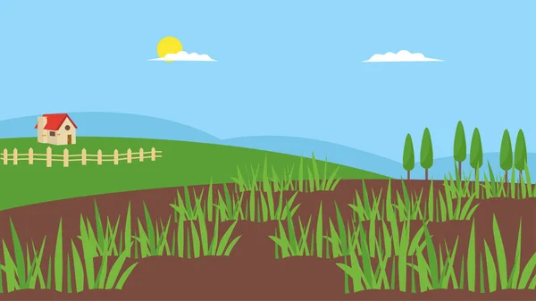 Paesaggio Agricolo Con Erba Verde Una Recinzione — Vettoriale Stock