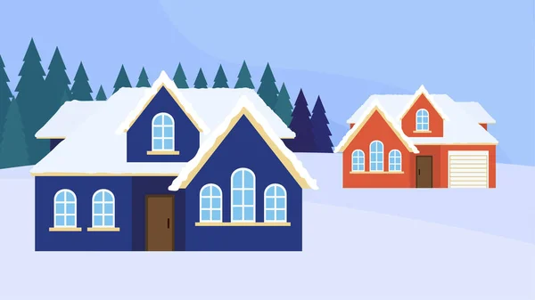 Illustration Vectorielle Maisons Dessin Animé Sur Fond Neigeux Paysage Noël — Image vectorielle