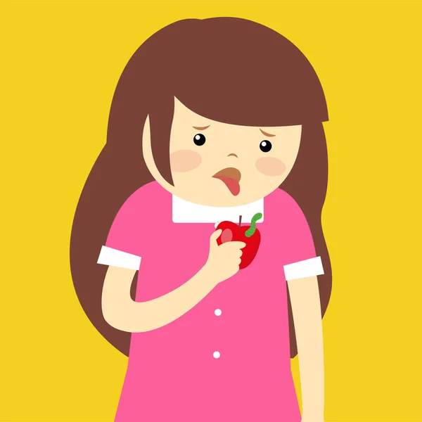 Girl Holding Red Apple Worm — Διανυσματικό Αρχείο