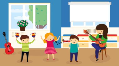 müzik çalan çocuklar müzik enstrümanları vektör çizim tasarımı