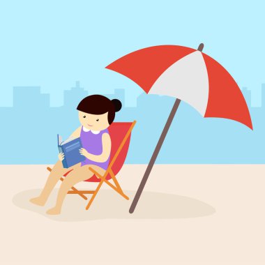 Plajda şemsiyesi olan kadın, yaz tatili konsepti